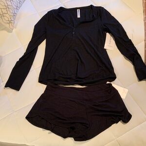 Athleta Well Rested Ribbed Sleep Shorts and Henley Long Sleeve Top Set Black